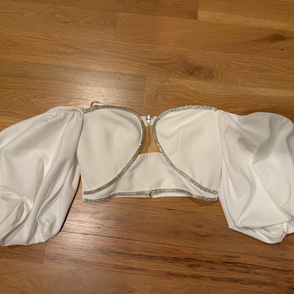 SELF PORTRAIT TOP- White Off-Shoulder Top with Silver Accents